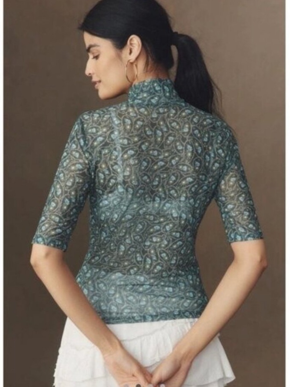 Anthropologie Printed Mock Neck Mesh Top | Size M - Picture 2 of 7